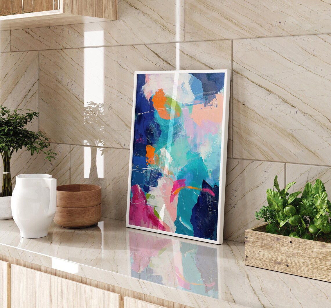 Bold Navy Blue Turquoise Hot Pink And Orange Abstract Canvas Poster - Image 3