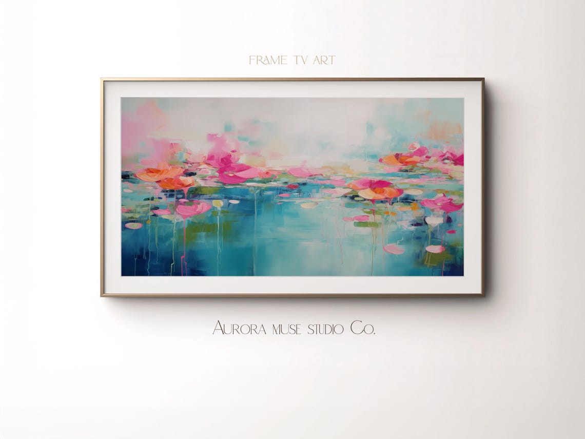 Teal Pond Abstract With Pink Blossom Clusters And Paint Drips Poster - Image 4