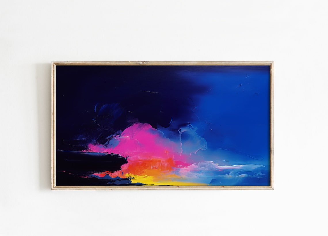 Dark Navy Neon Pink Cloud Night Dramatic Abstract Oil Painting Print