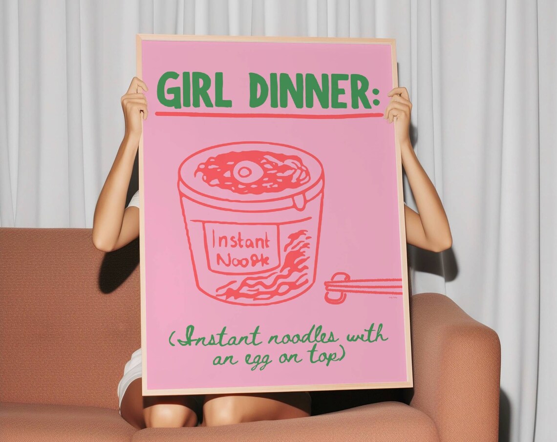 Pink Girl Dinner Instant Noodle Cup Fried Egg Hand Drawn Poster Decor - Image 2