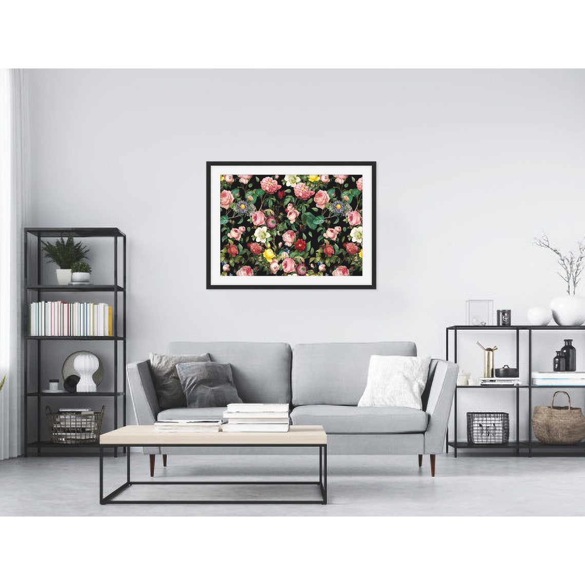 Vintage Pink Roses with Asters and Yellow Blooms on Black Poster - Image 3
