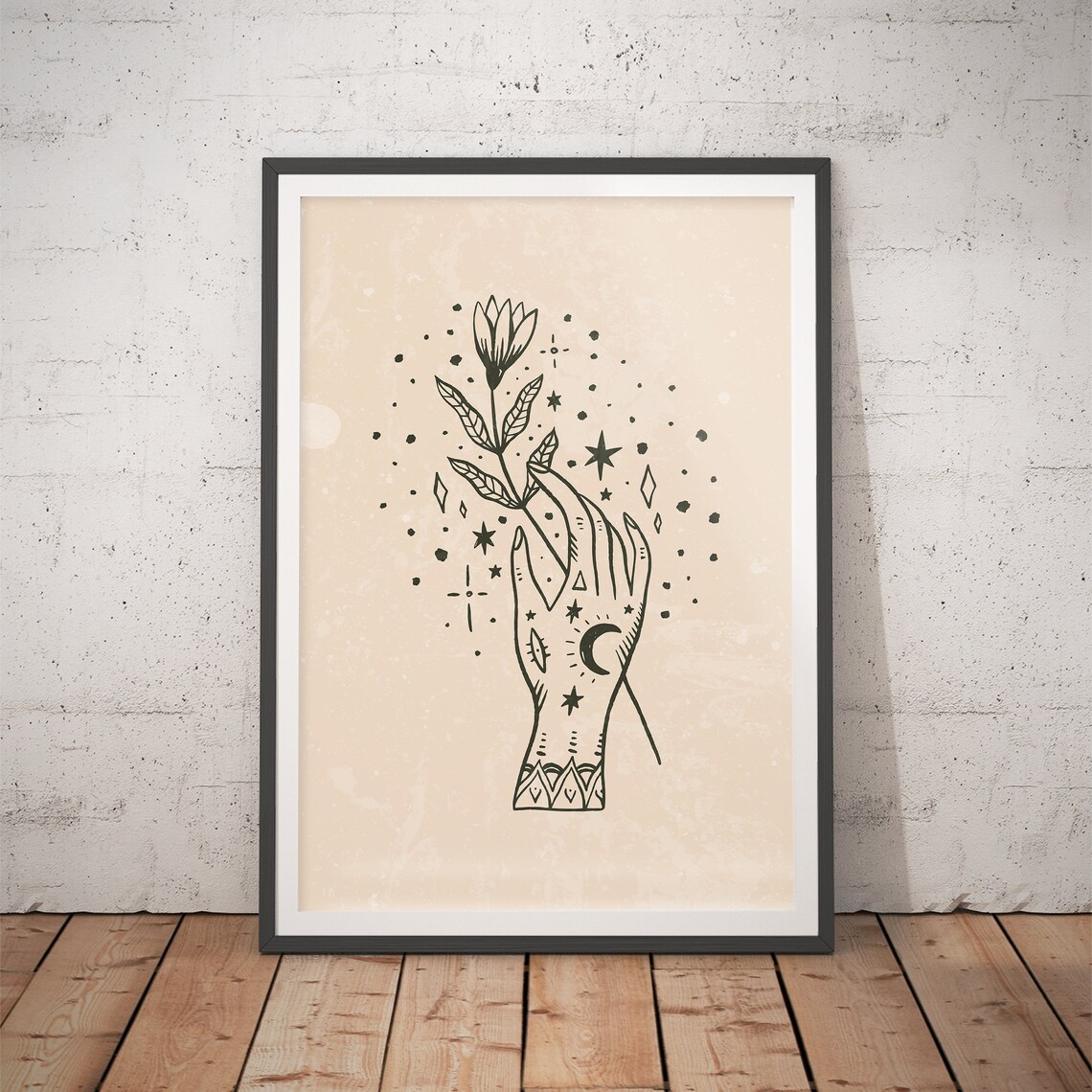 Sage Celestial Hand Holding Flower Stars Moon Poster for Modern Home Decor