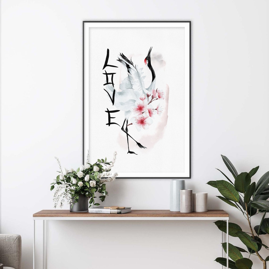 Crane with Cherry Blossoms and Love Calligraphy Japanese Poster - Image 2