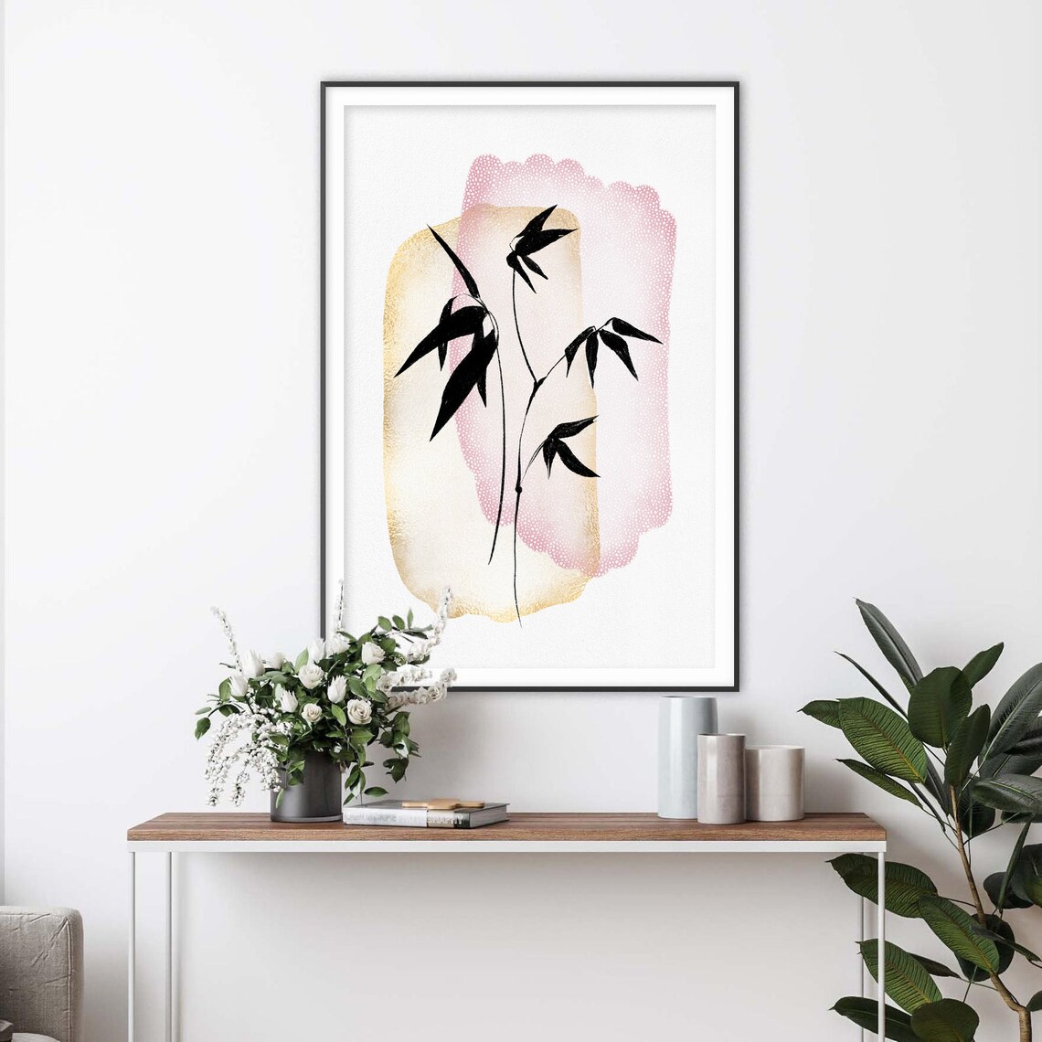 Black Bamboo Silhouette on Blush Pink Wash Japanese Watercolor Poster - Image 2