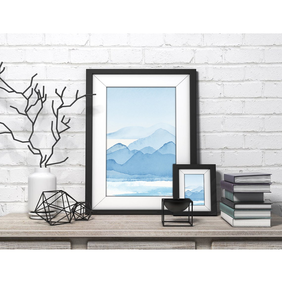 Soft Blue Mountains Over Calm Water Serene Watercolor Poster - Image 4