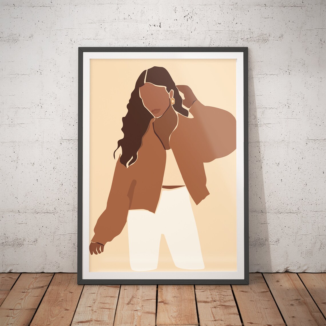 Woman in Tan Jacket and White Pants Standing Fashion Art Poster