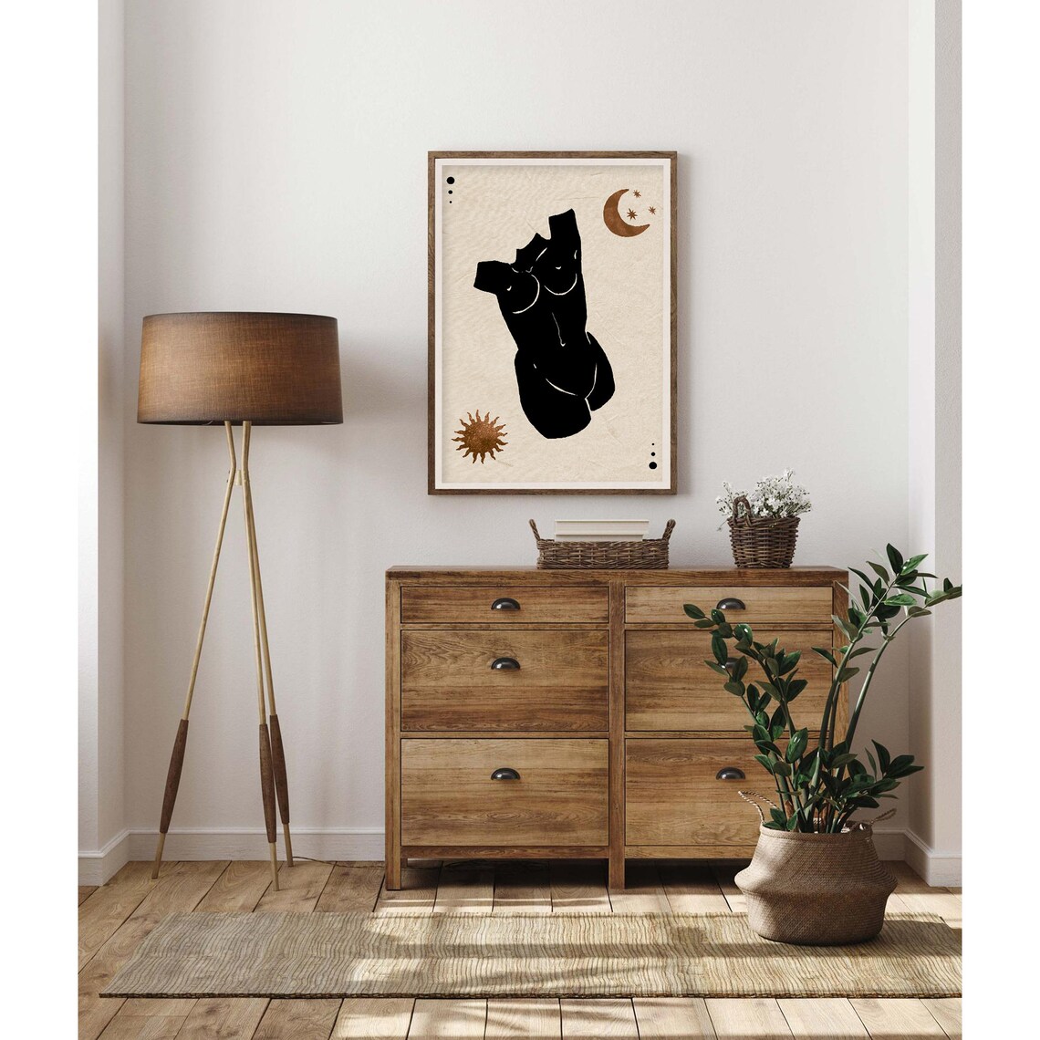 Black Female Torso Silhouette Gold Sun Moon Poster for Modern Home Decor - Image 2
