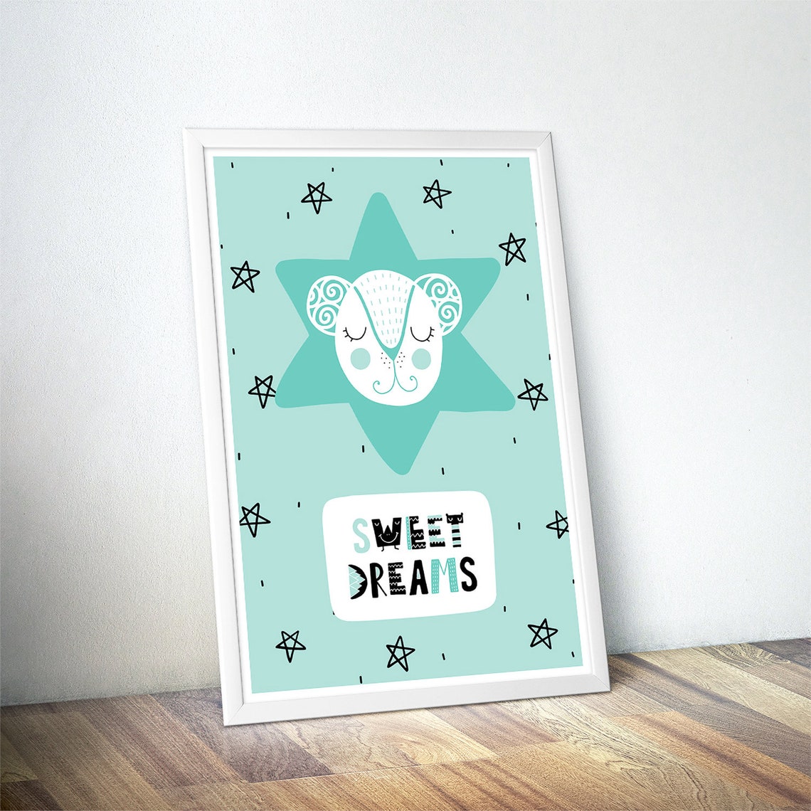Sweet Dreams Sleeping Bear On Mint Star Nursery Quote Poster - Image 4
