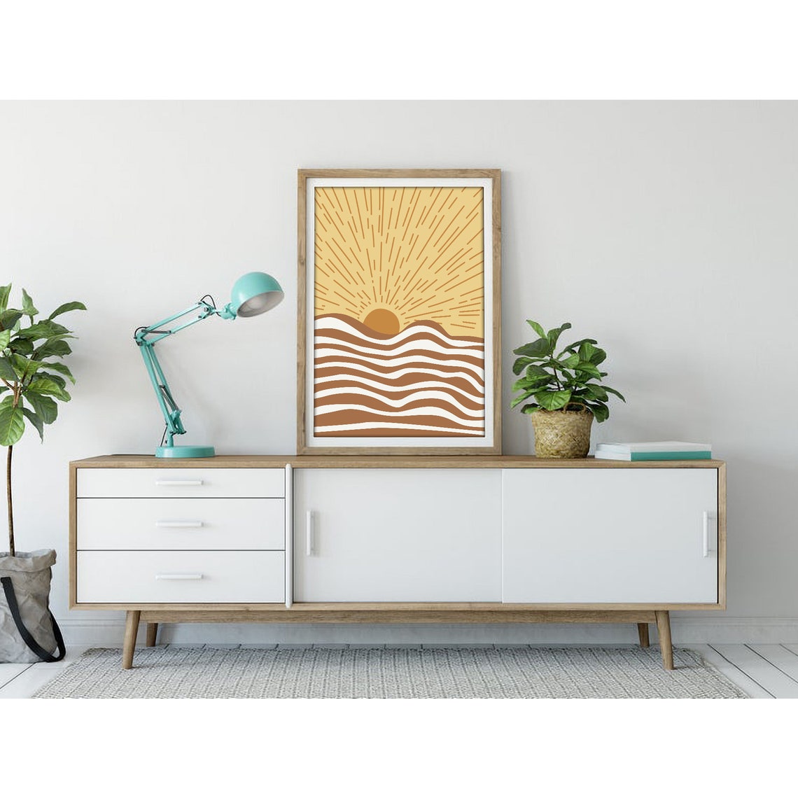 Golden Sunburst Rising Over Striped Ocean Waves Retro Art Poster - Image 3