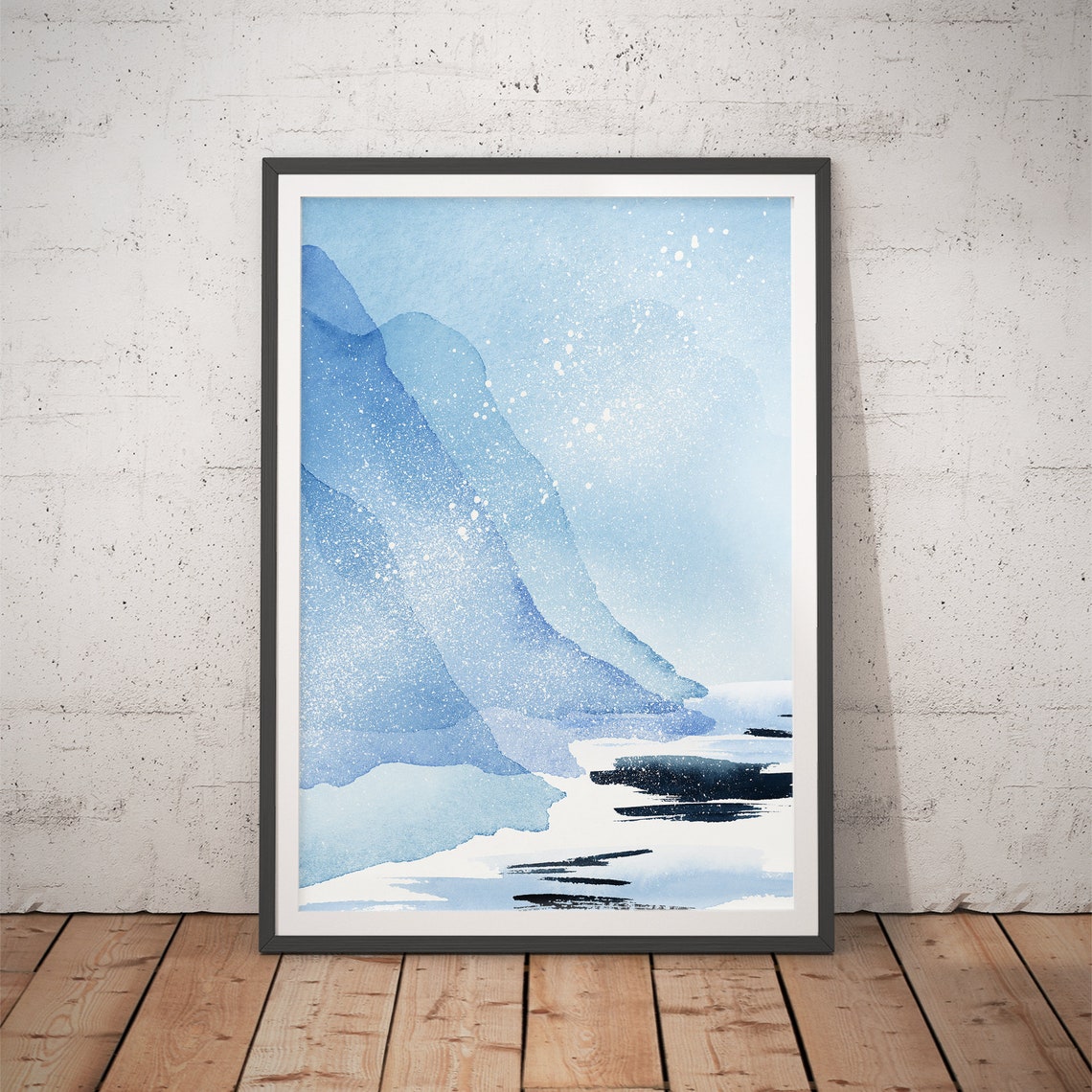 Blue Mountain Lake With Dark Ink Strokes Watercolor Art Poster