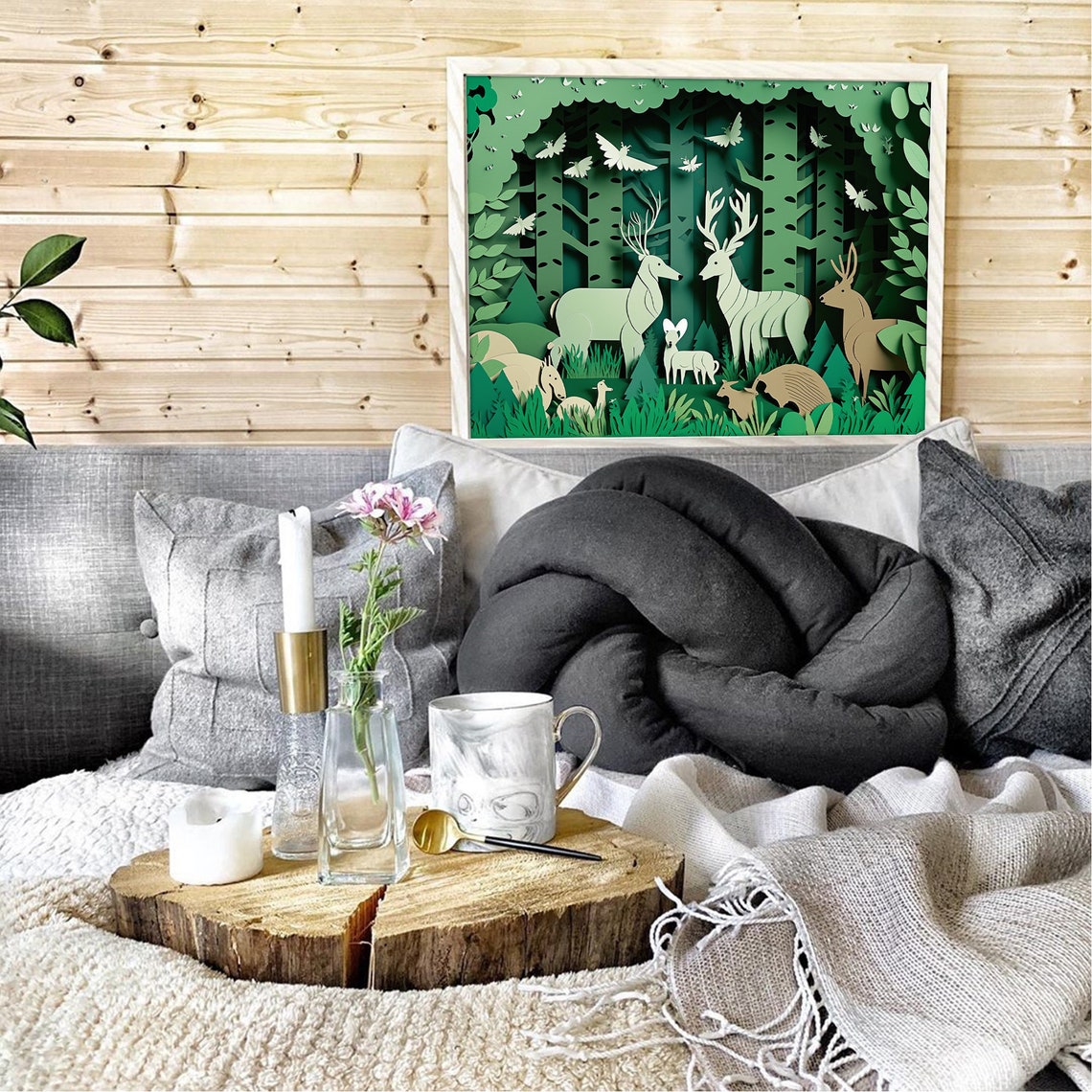 Layered Forest Paper Cut Deer Woodland Nursery Kids Room Poster - Image 3