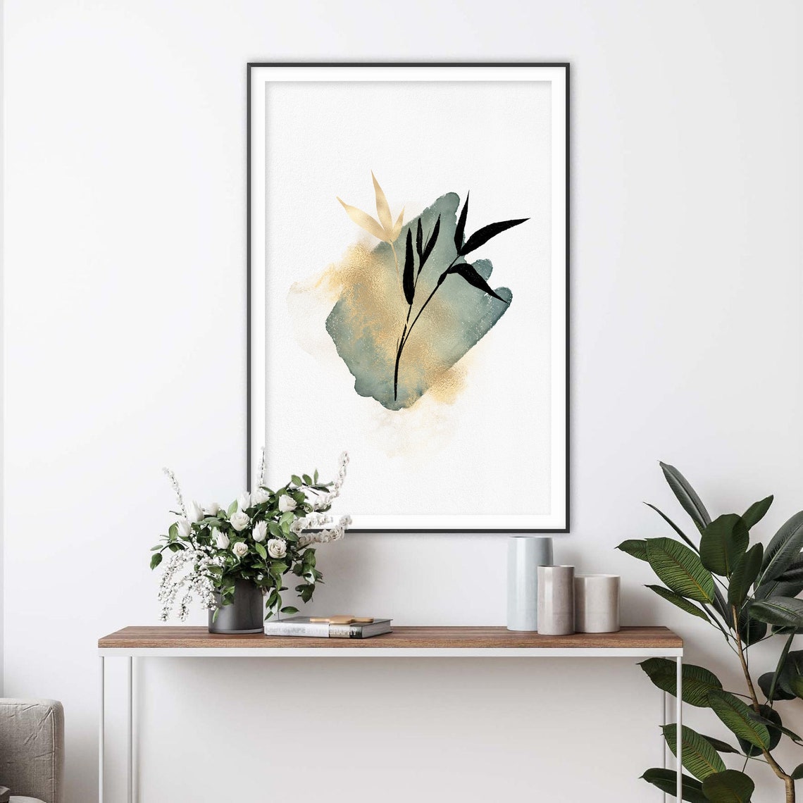 Minimal Black and Gold Branch on Green Wash Japanese Art Poster - Image 2