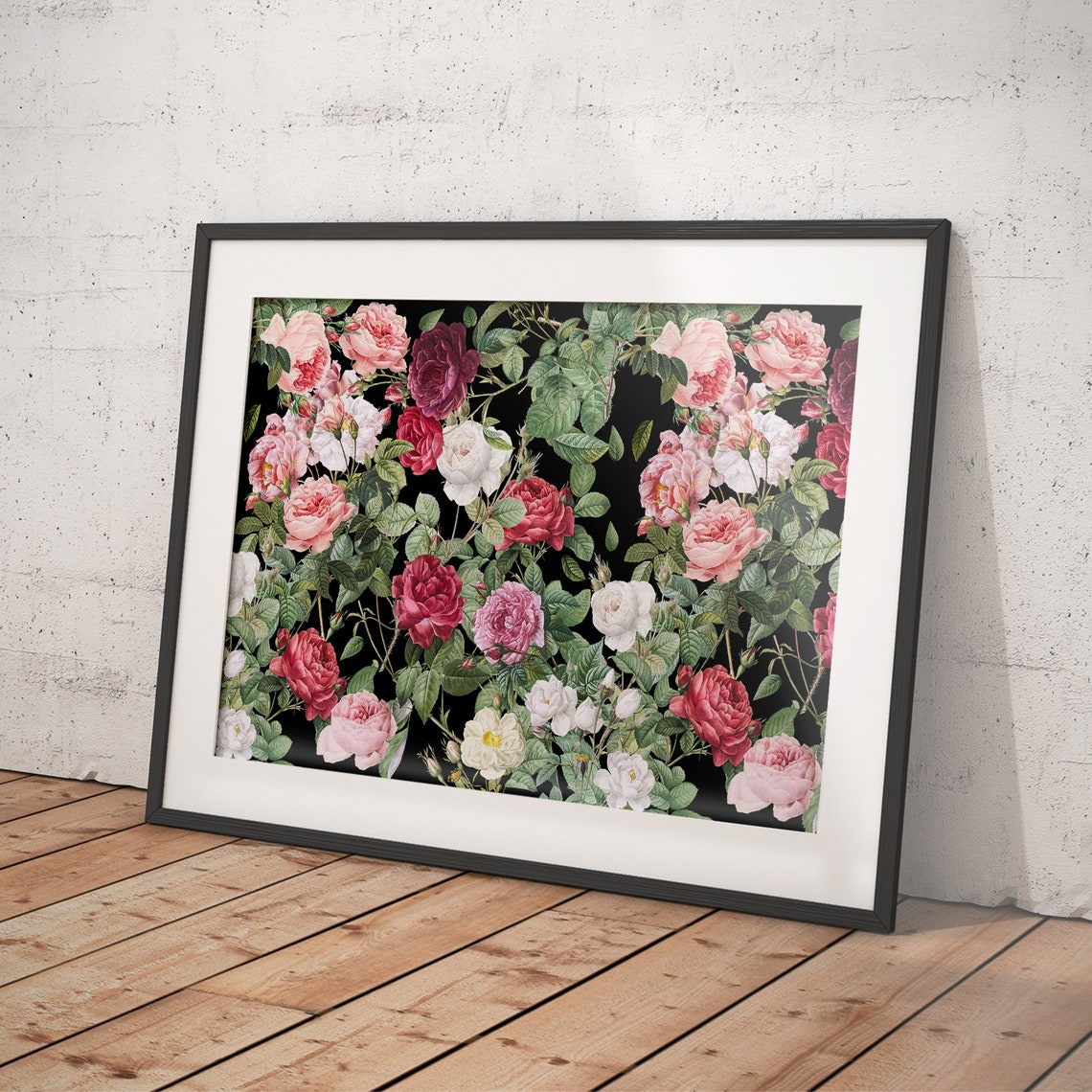 Vintage Classic Roses in Red Pink and White on Black Art Poster - Image 4