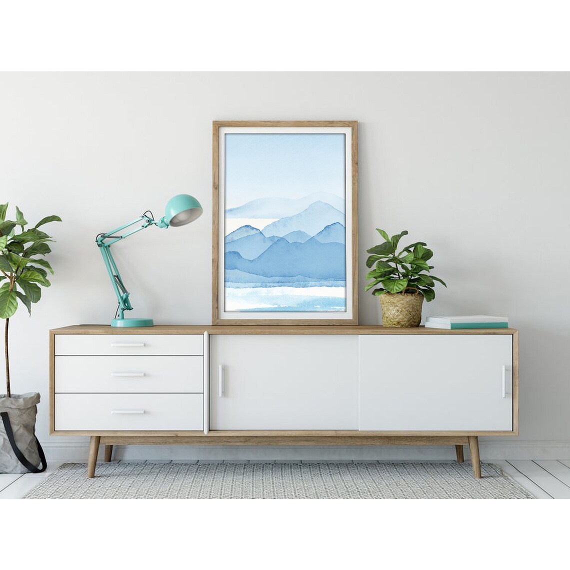 Soft Blue Mountains Over Calm Water Serene Watercolor Poster - Image 3