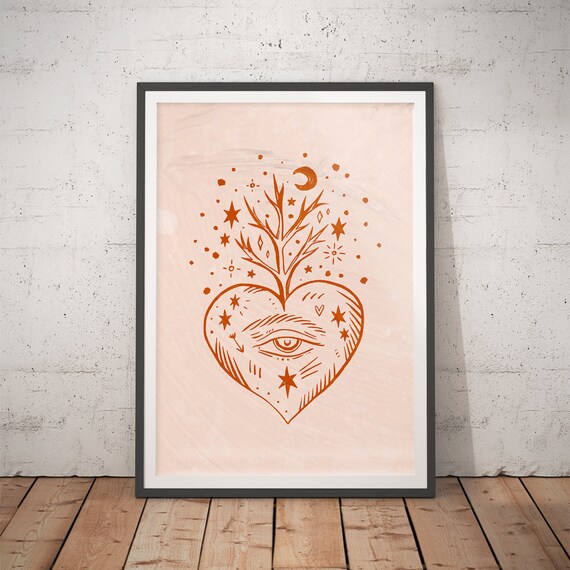 Terracotta Folk Heart with Eye Tree Branches Poster for Modern Home Decor