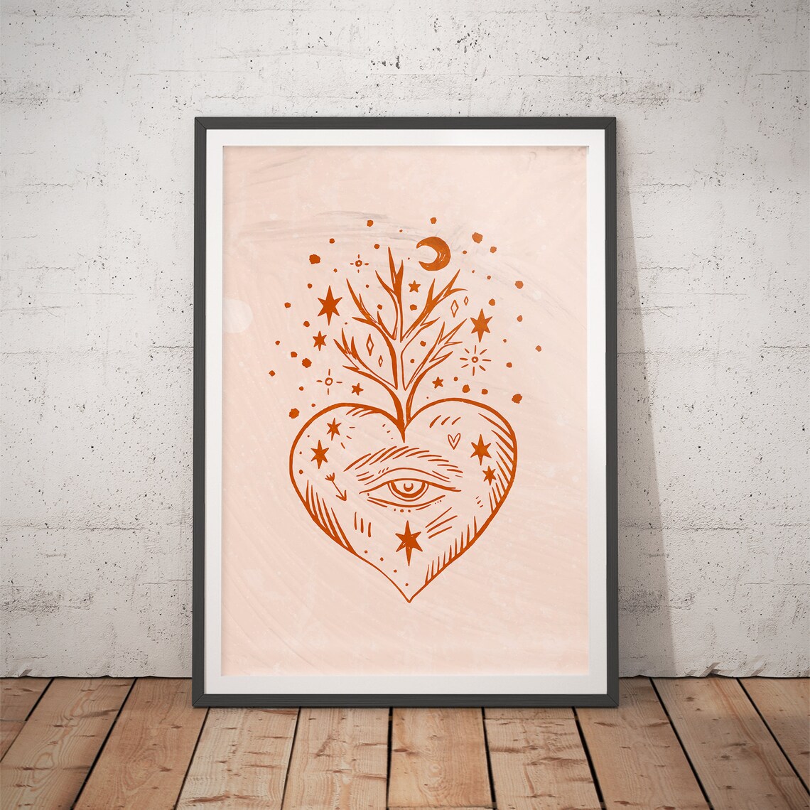 Terracotta Folk Heart with Eye Tree Branches Poster for Modern Home Decor