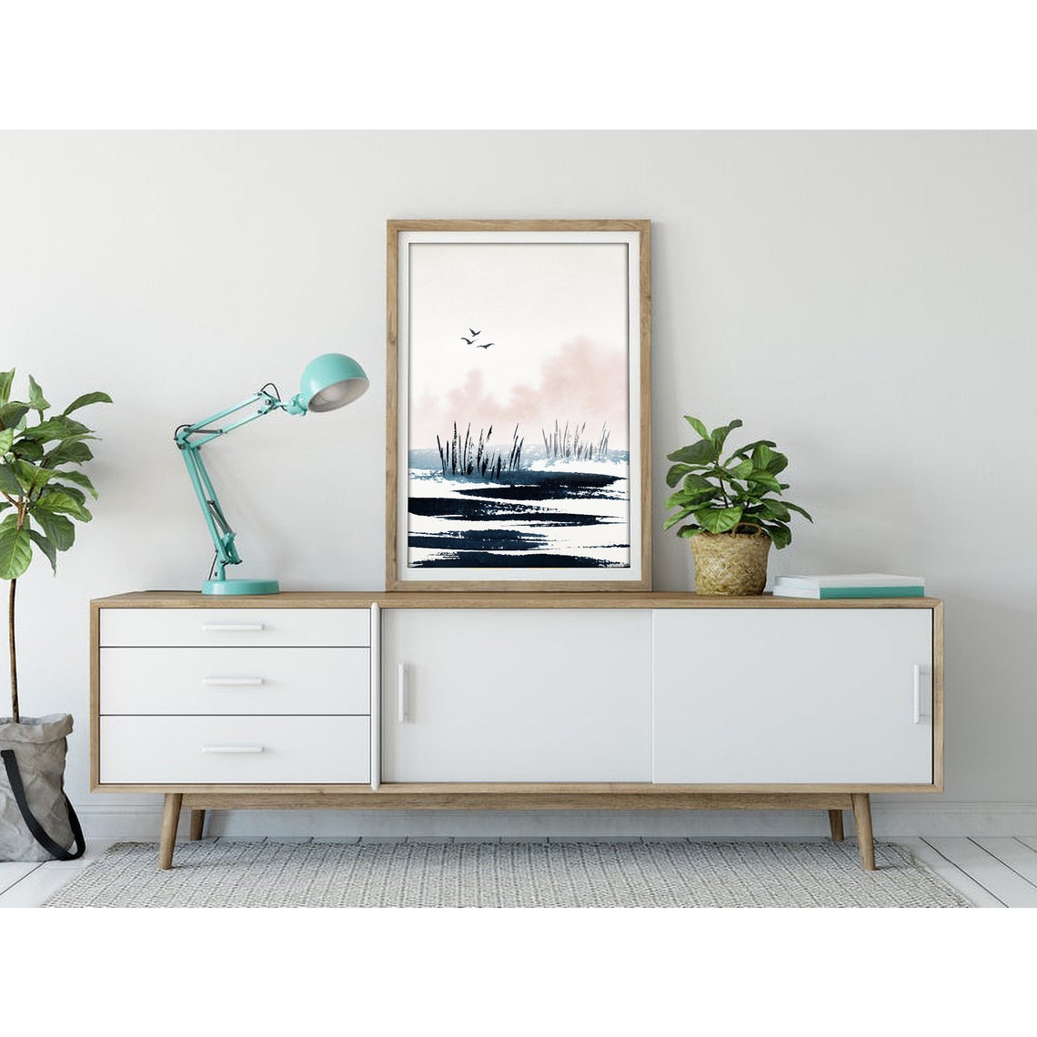 Minimalist Beach Scene Flying Birds Reeds Ink Watercolor Poster - Image 3