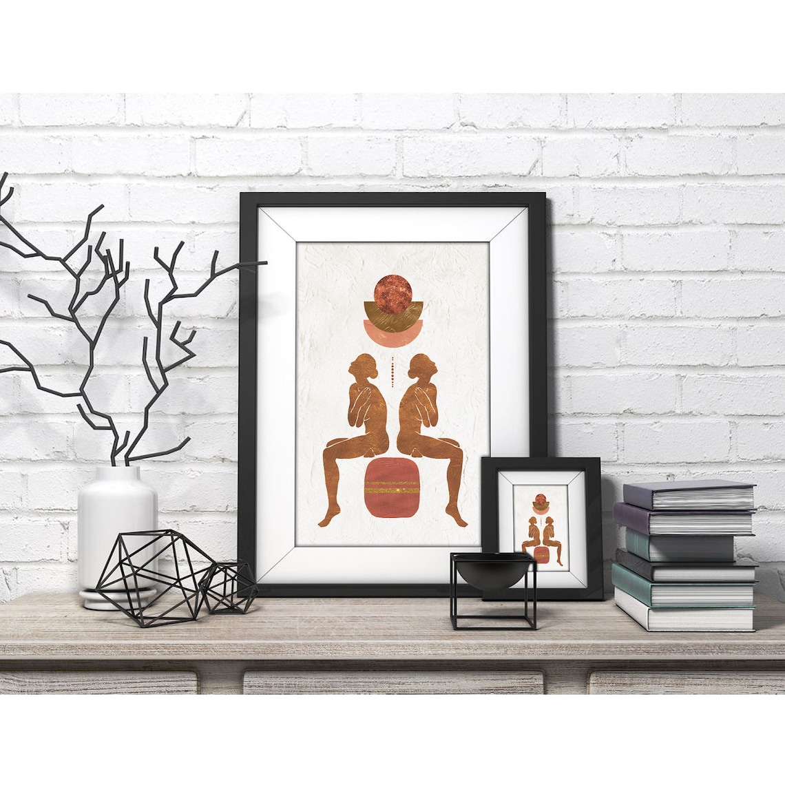Mirrored Terracotta Seated Women Geometric Sun Poster for Modern Home Decor - Image 4