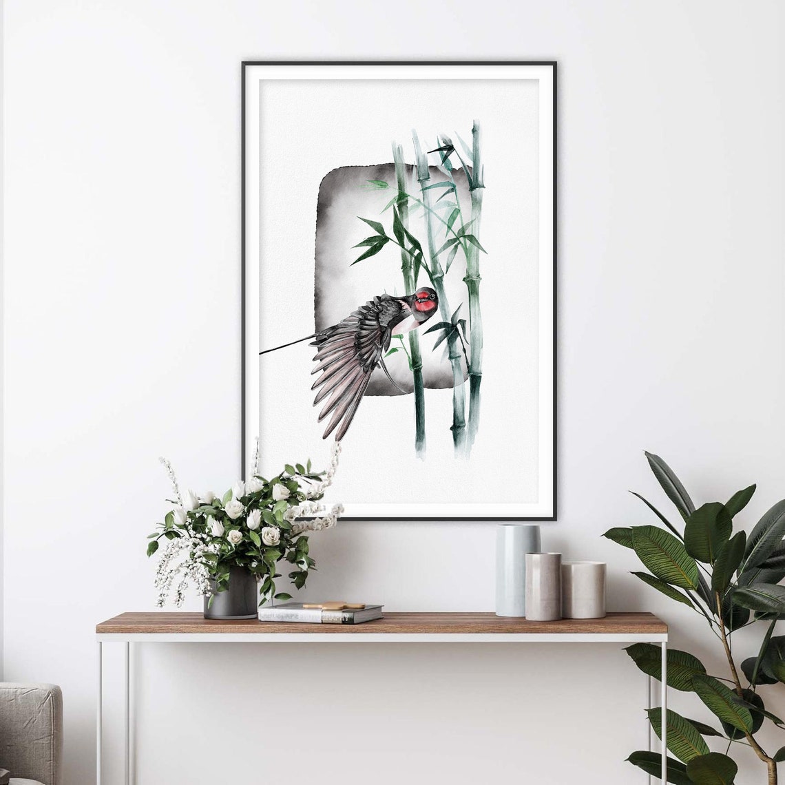 Swallow Diving Through Green Bamboo Japanese Watercolor Poster - Image 2