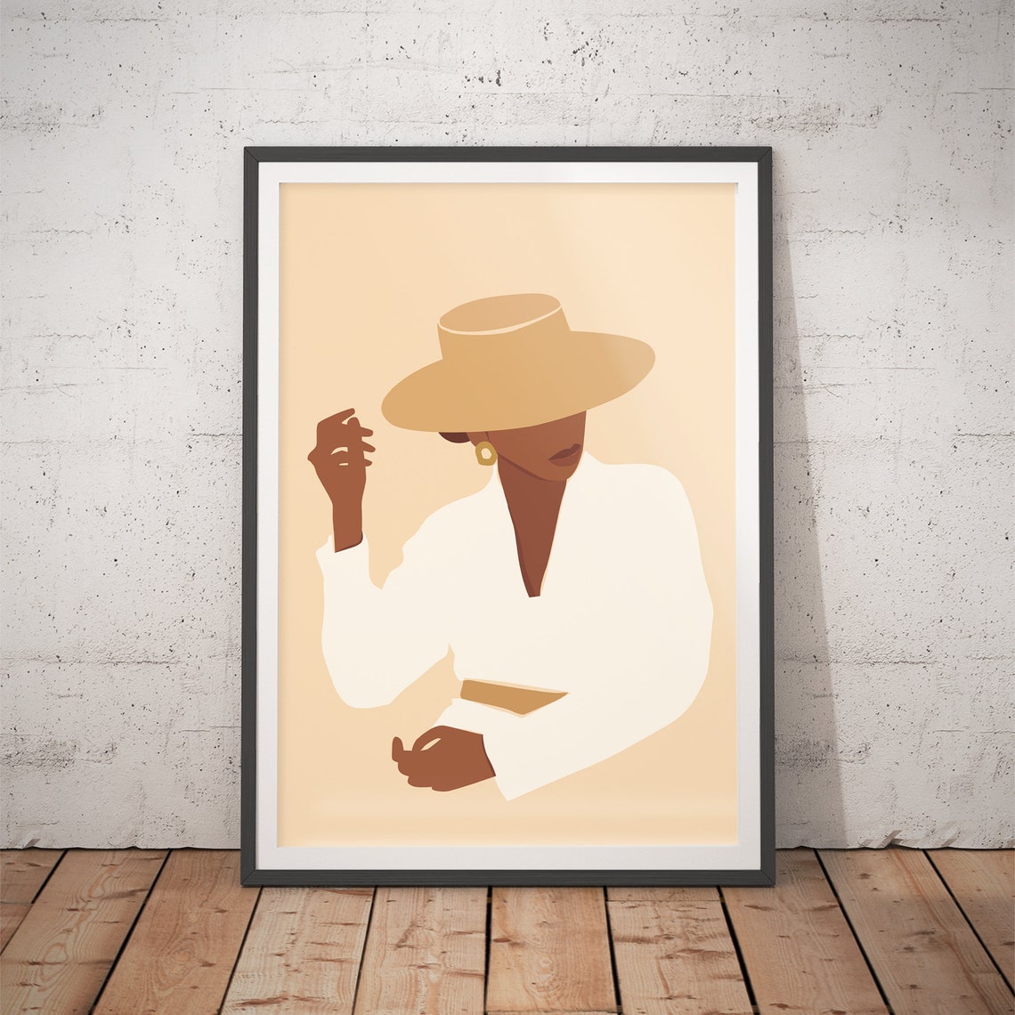 Black Woman in Wide Brim Straw Hat Minimalist Fashion Art Poster