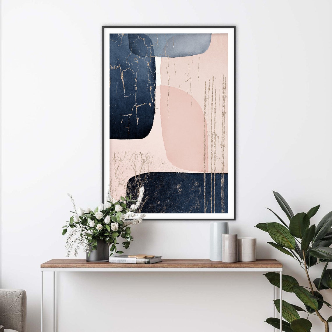 Navy Blue and Blush Abstract With Gold Veins Modern Art Poster - Image 2