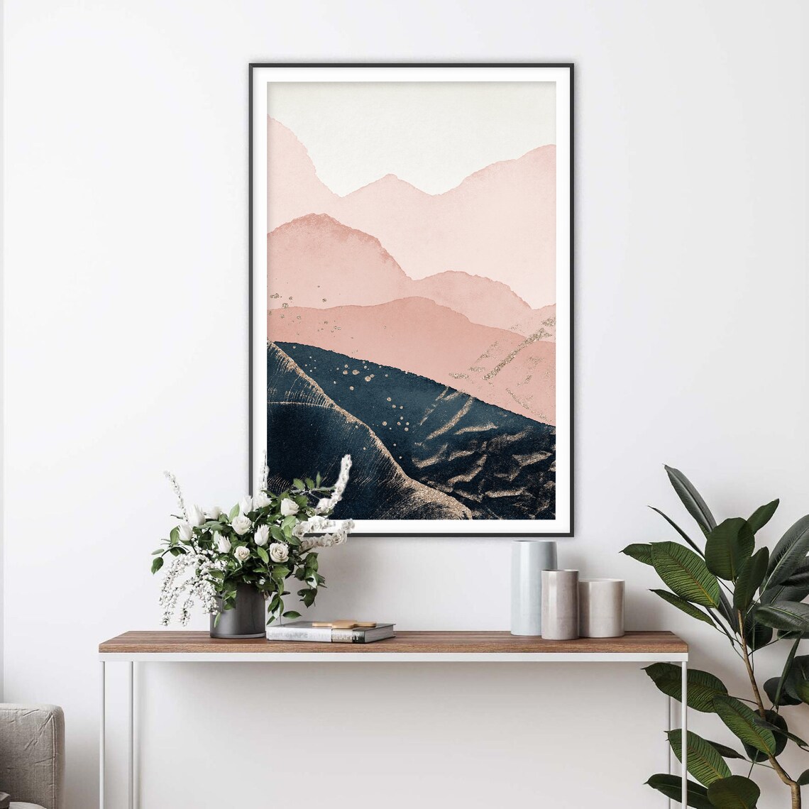 Blush Pink Mountains Navy Sea Gold Accents Modern Art Poster - Image 2