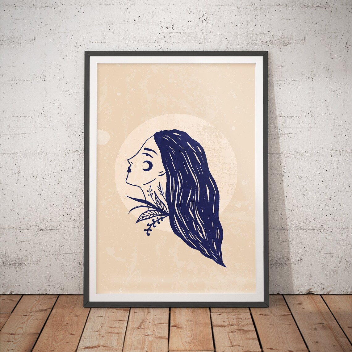 Navy Line Art Woman Profile under Moon Botanical Poster for Modern Home Decor