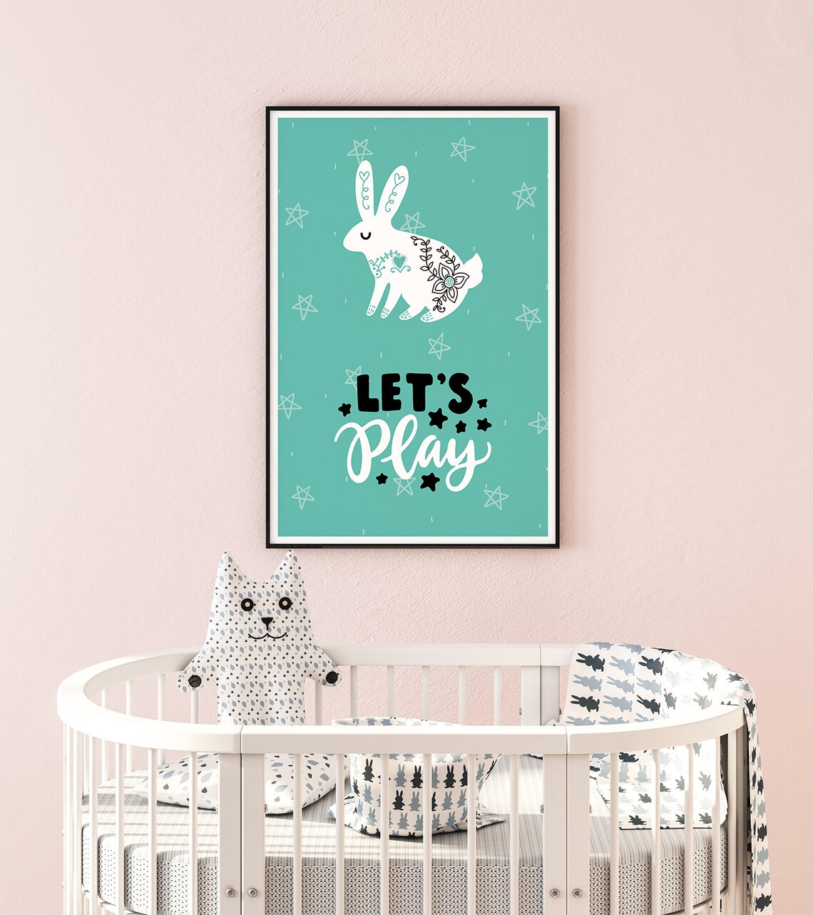 Let's Play Bunny Nursery Poster Mint Teal Rabbit Kids Playroom Wall Decor - Image 2