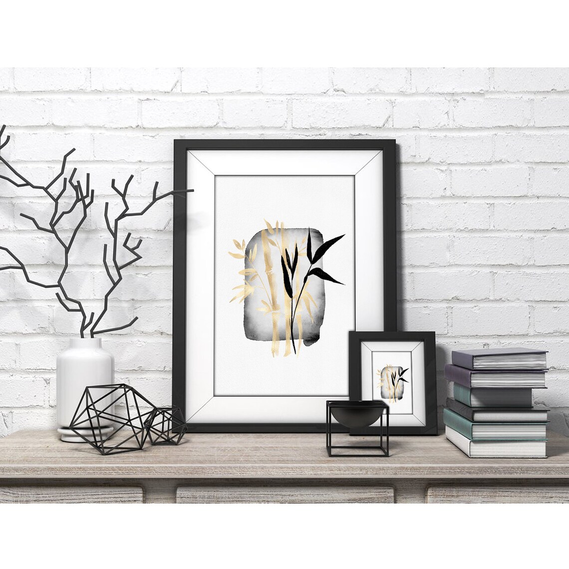 Golden Bamboo Stalks on Gray Ink Wash Japanese Botanical Poster - Image 4