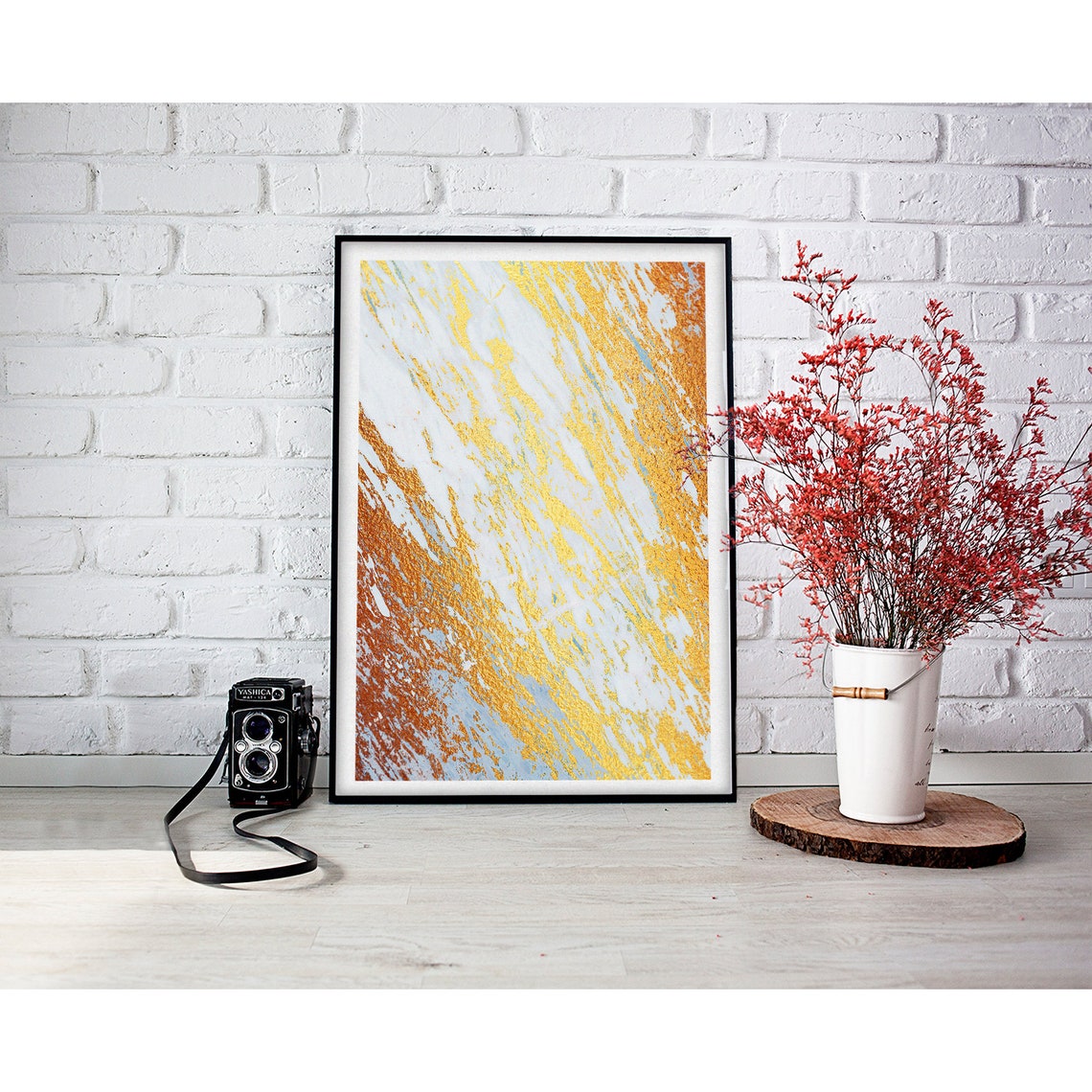 White Marble Gold Copper Diagonal Brushstroke Glam Abstract Poster - Image 3