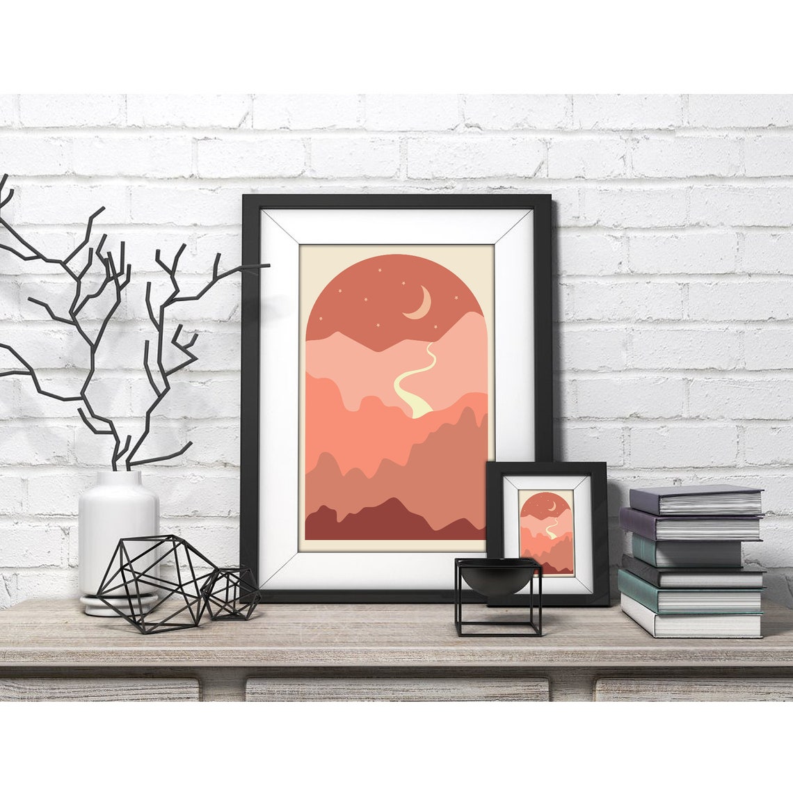 Dusty Rose Night Landscape with Moon and Stars Arched Scene Poster - Image 4