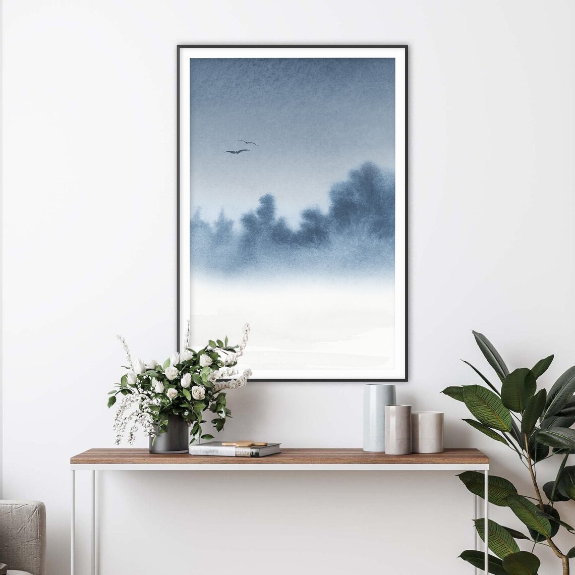 Misty Blue Forest Two Birds Flying Watercolor Landscape Poster - Image 2