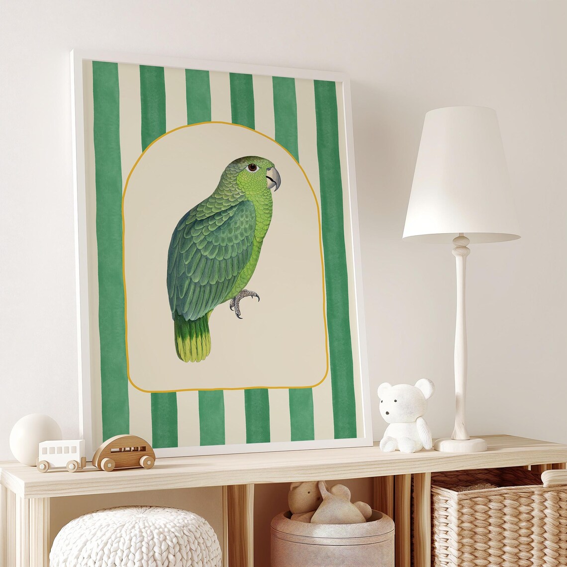 Green Striped Parrot, Maximalist Vintage Bird Art Print - Image 4
