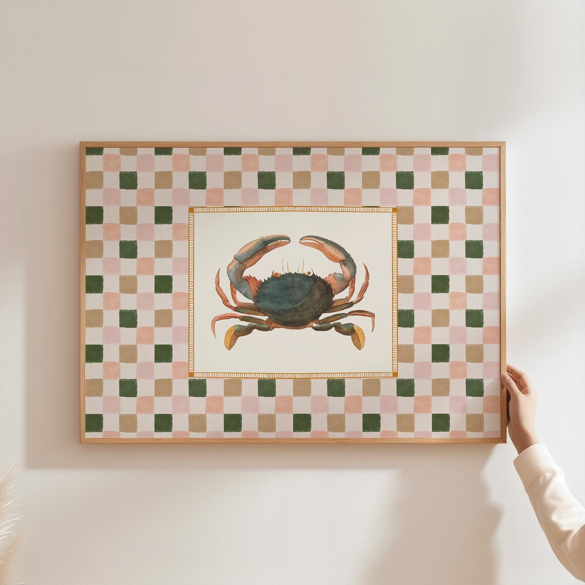 Vintage Crab Art Print Cottagecore Kitchen Art Trendy Checkered Coastal Decor Wall Art A234