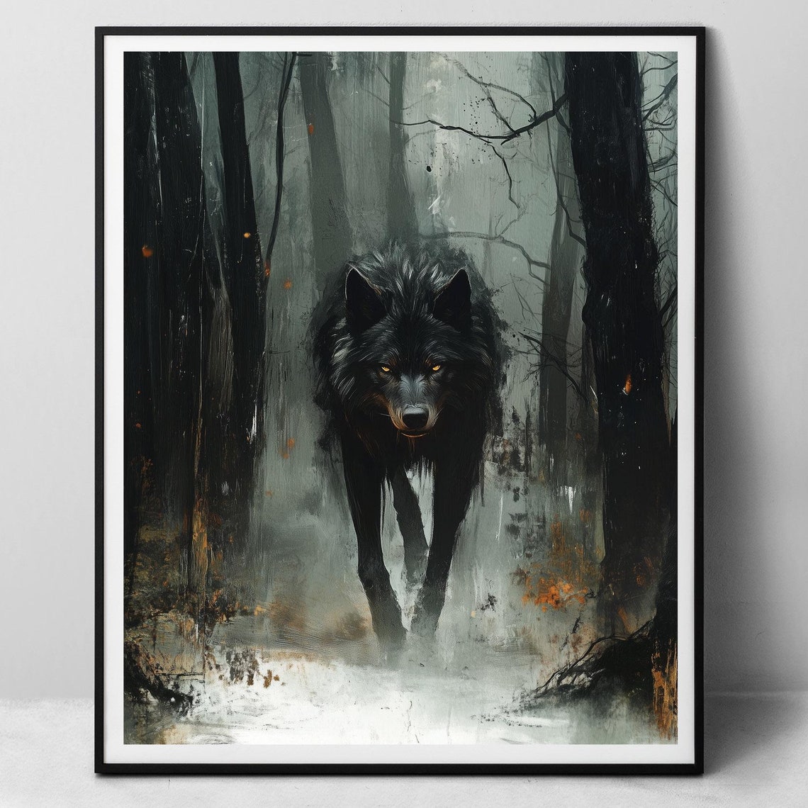 Black Wolf In Misty Forest Enchanted Dark Woods Fine Art Print