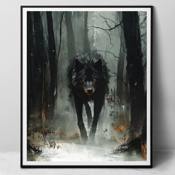 Black Wolf In Misty Forest Enchanted Dark Woods Fine Art Print