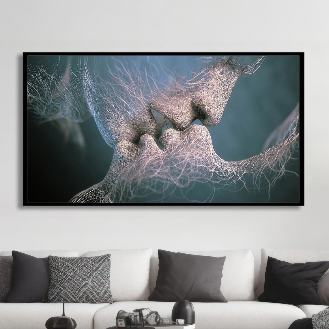 Kissing Couple Thread Line Sculpture Romantic Abstract Art Poster