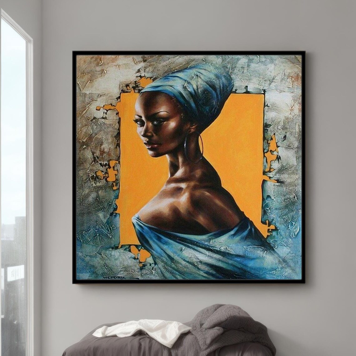 African Woman Blue Headwrap Portrait Warm Orange Elegant Poster