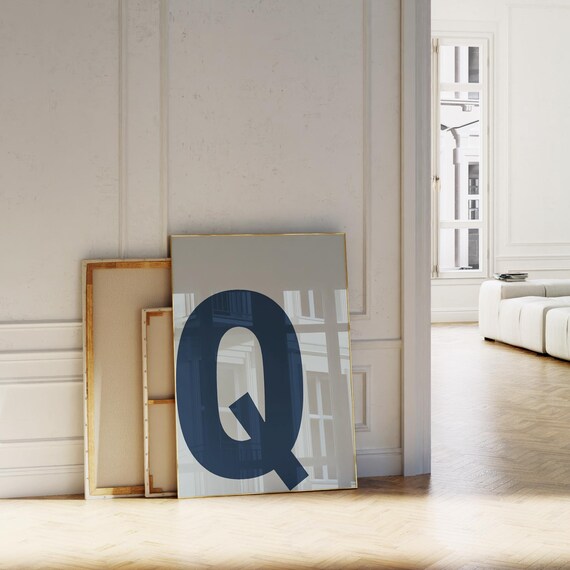 Blue Letter Q Typography Print Bold Modern Initial Monogram Decor