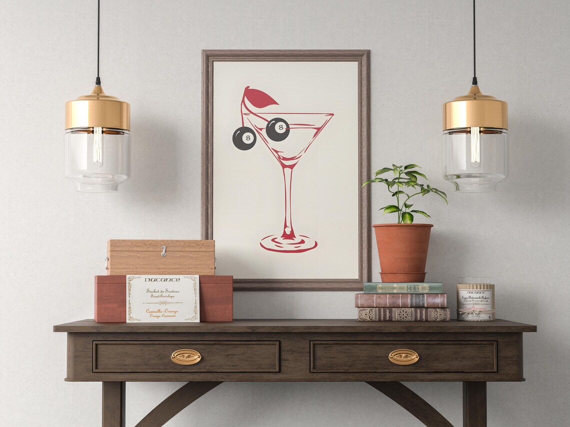 Red Line Martini Glass With Eight Ball Garnish Minimalist Cocktail Poster - Image 2