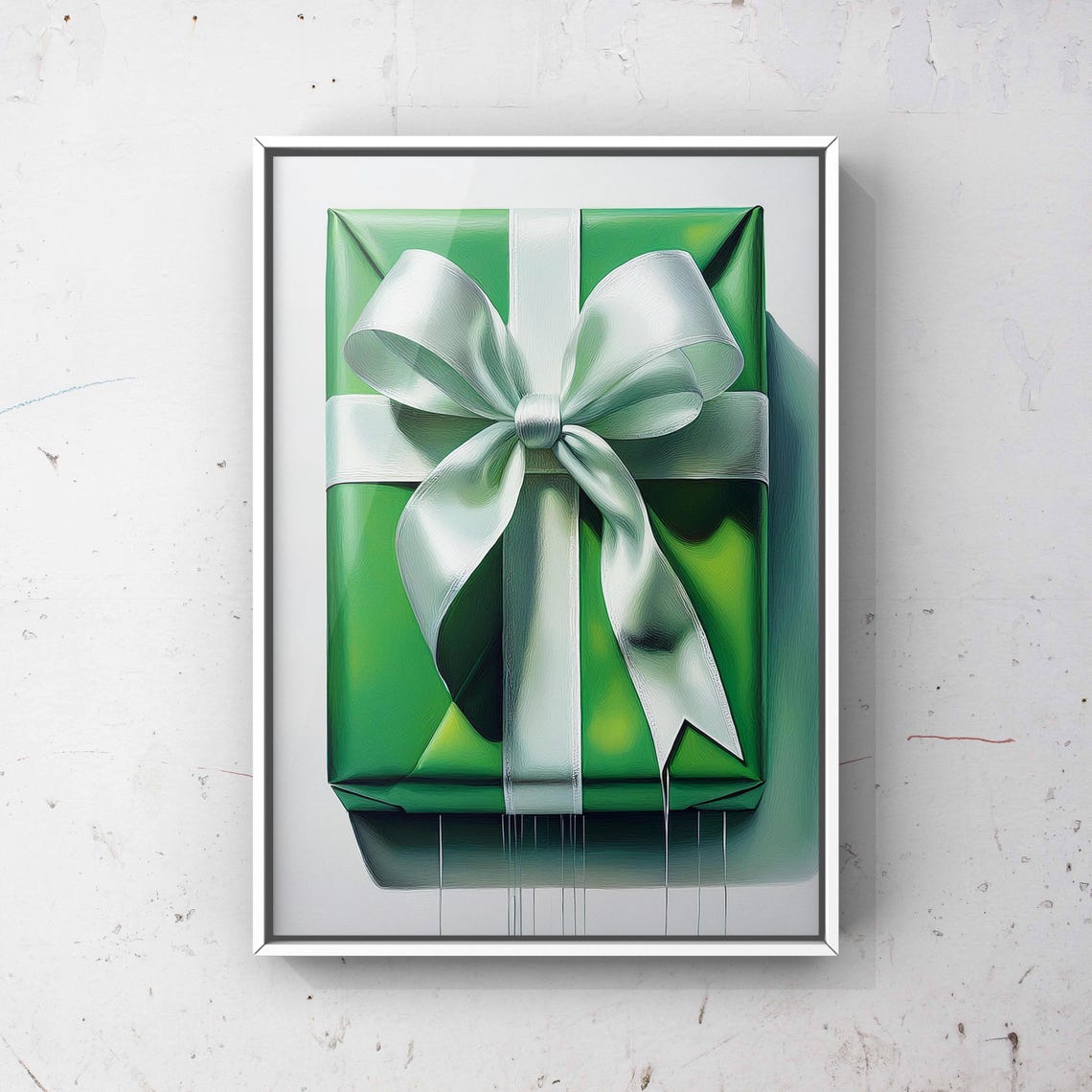 Green Christmas Gift Box with White Bow Holiday Painting Poster