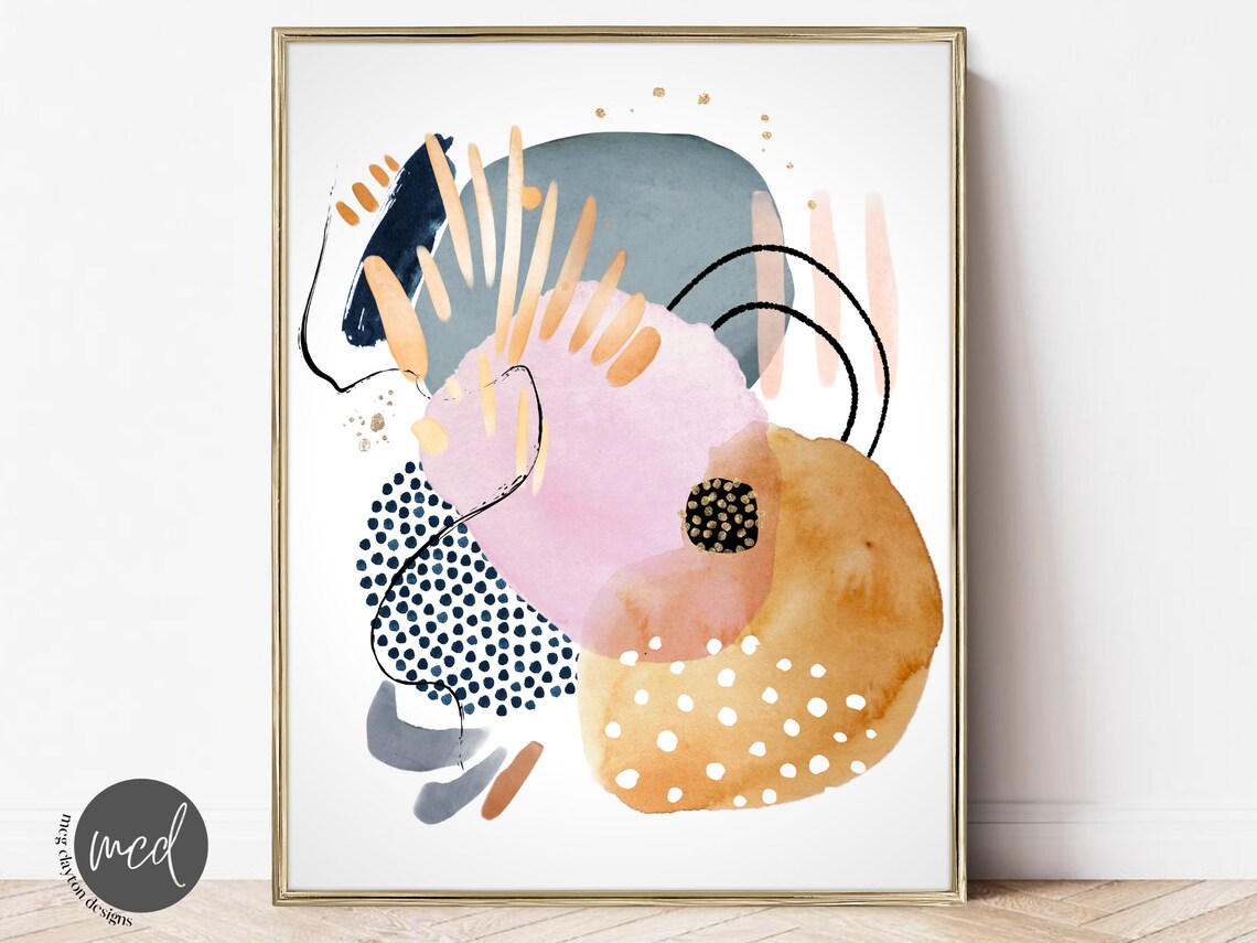 Pink Navy Dots Caramel Gold Abstract Watercolor Shapes Art Poster
