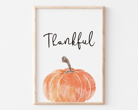 Thankful Script Orange Watercolor Pumpkin Fall Holiday Decor Wall Art