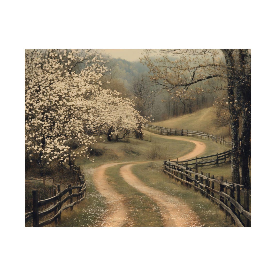 Winding Country Road Split Rail Fences Spring Blossom Poster - Image 3