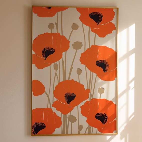 Minimalist Flower Poster Vibrant Red Orange Poppy Wall Art Print Illustration For Living Room And Modern Home Instant Drawing