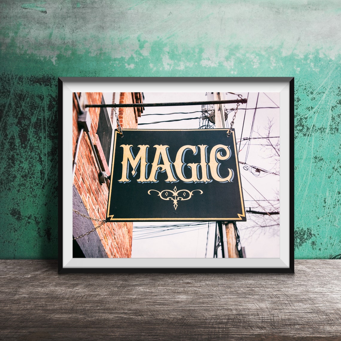 Magic Vintage Hanging Blade Sign Brick Wall Gold Lettering Art Poster