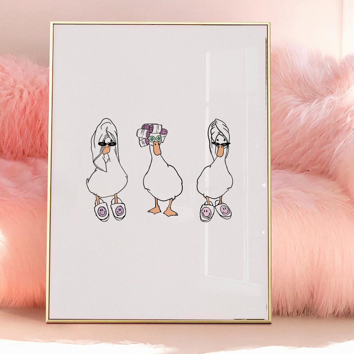 Funny Spa Day Ducks Poster with Towel Turbans and Smiley Slippers