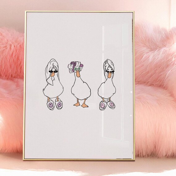 Funny Spa Day Ducks Poster with Towel Turbans and Smiley Slippers
