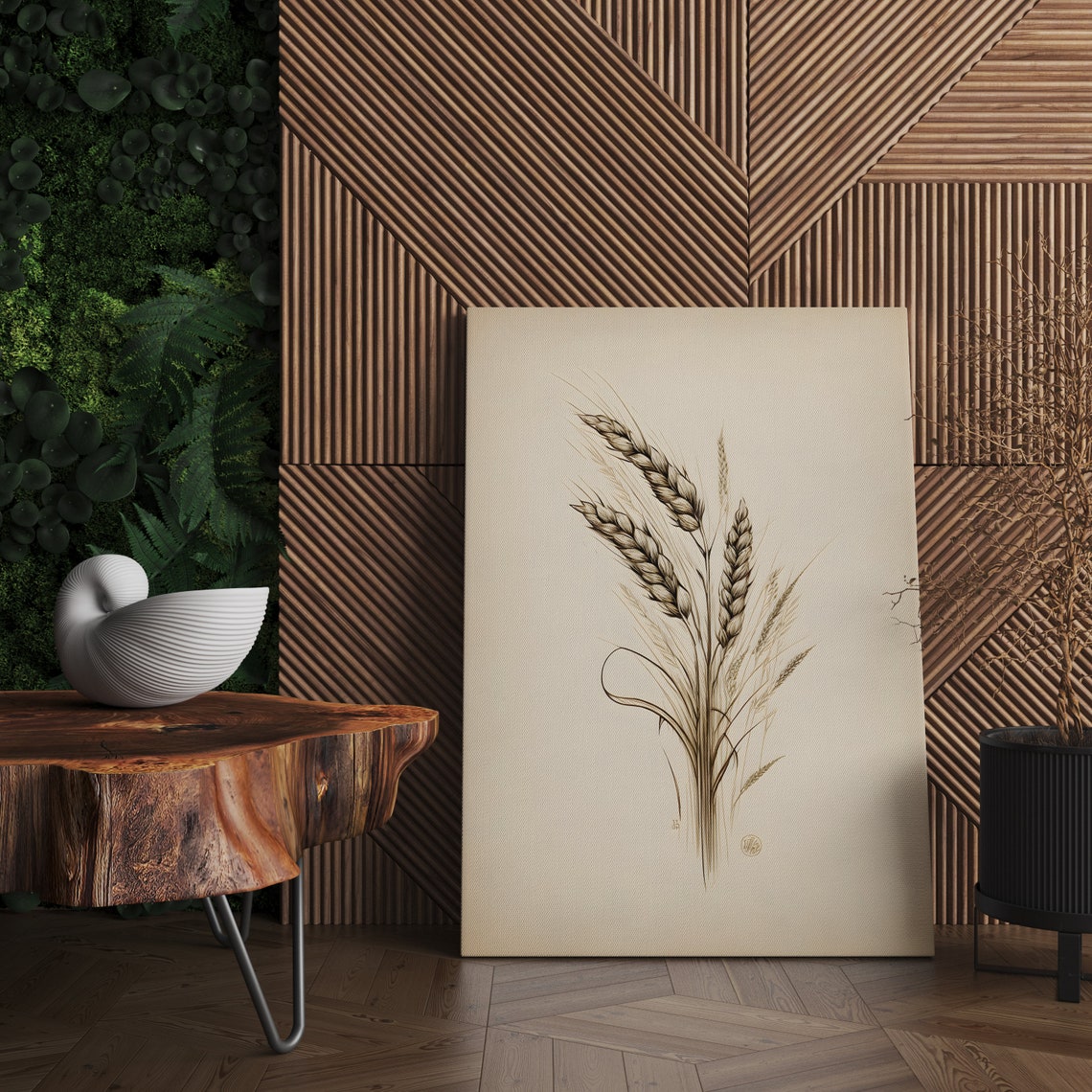 Minimal Wheat Stalks Botanical Line Art On Cream Paper Poster - Image 2