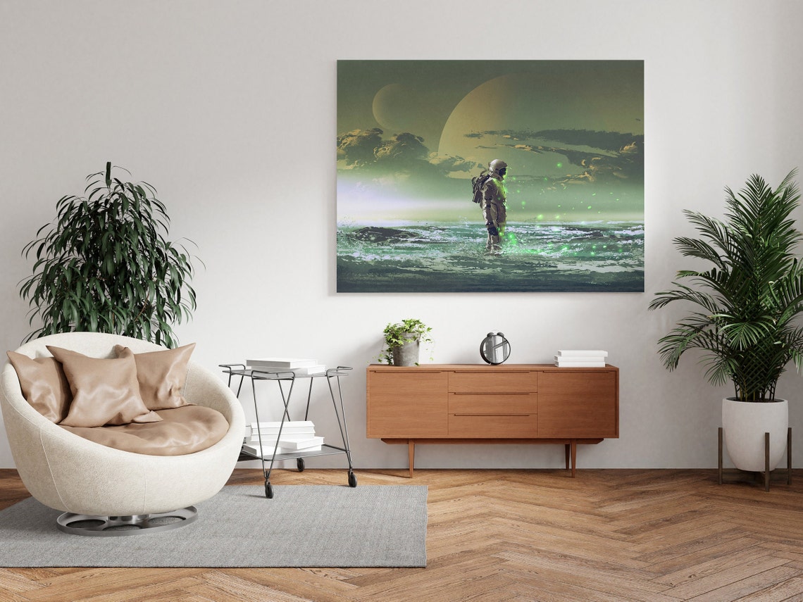 Astronaut On Alien Ocean Under Twin Moons Green Glow Space Art Poster - Image 2